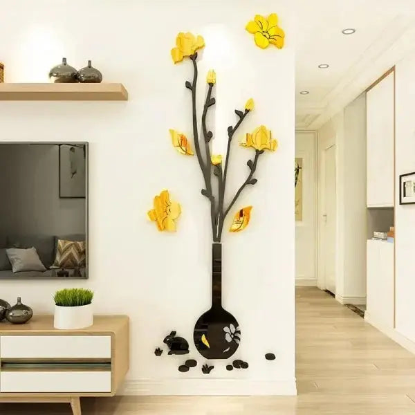 Acrylic Yellow Floral Vase Wooden Wall Decoration Store